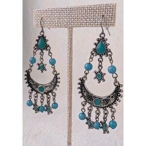 Boho Silver Filigree Chandelier Earrings‎ w/ Turquoise Beads & Stars 3.25" Drop